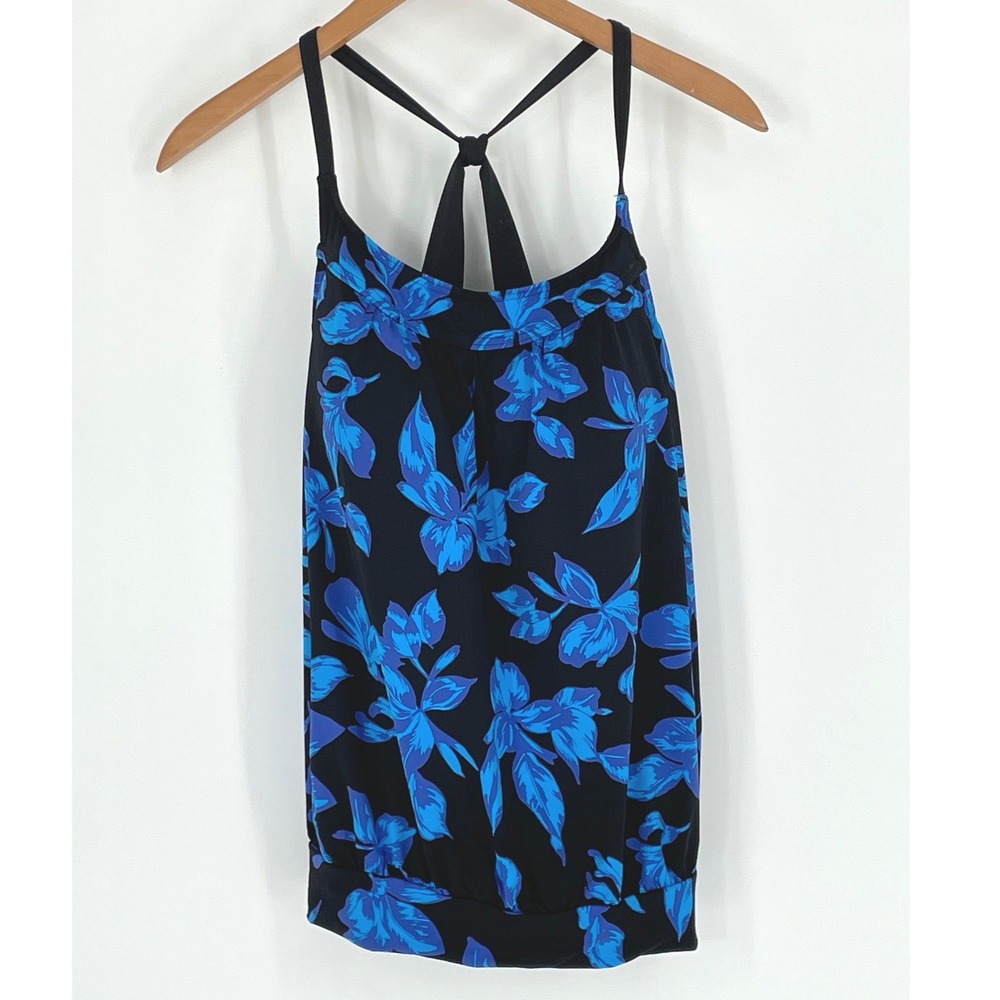 Lands' End Women Tankini 10 Swim Top Black Blue Floral Blouson Banded Racerback